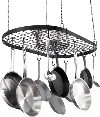 Zdjęcie produktu dla SucceBuy 32-calowy wiszący stojak na garnki, mocowanie sufitowe z 12 haczykami w kształcie litery S, nośność 80 funtów, idealny do domu, restauracji, naczyń kuchennych i przyborów kuchennych