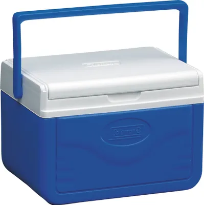 A blue and white Coleman cooler with a handle.