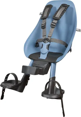 A blue and black child bicycle seat with straps and footrests, isolated on a white background.