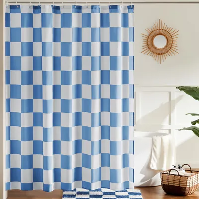Produktbild von Karierter Duschvorhang fürs Badezimmer, schönes Retro-Karomuster, Duschvorhang im Vintage-Stil, maschinenwaschbar, Stoffduschvorhang, blau, 183 x 183 cm