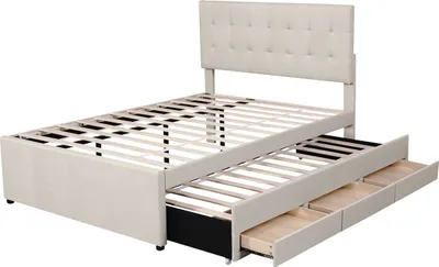 Produktbild von Polsterbett(Beige,140x200cm)Doppelbett,Familienbett,Ehebett mit drei Schubladen,ausziehbares Bett, Verstellbares Kopfteil