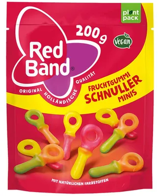 Produktbild von Open Food Fruchtgummi Schnuller Minis - Red Band, Palmöl, B, e100, e14xx, e270, e901, Kurkumin), schwarze johannesbeere (bienenwachs), modifizierte stärke, saflor, pflanzliche öle..., 345 kcal, 43 g