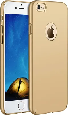 A gold iPhone case is shown next to an iPhone, with a tent illuminated at night in the background on the iPhone screen.