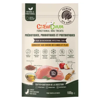 Image de CHEWCHUM Friandises Chien Dés de Dinde 100g sans céréales – 92% viande, Pré/Pro/Postbiotiques