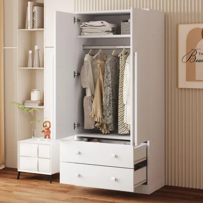 Produktbild von Kleiderschrank - Garderobenschrank - Aufbewahrungsschrank - Schrank mit Drehtüren - Schlafzimmerschrank - Weiß - Mit Schubladen - Metall