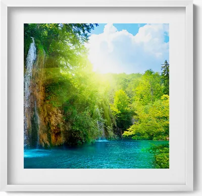 Produktbild von Blaue Lagunenlandschaft– Wandbild mit Rahmen – Gerahmtes Bild  – Wanddekoration – 50x50 cm –  Weiß Rahmen