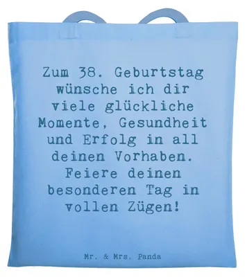 Produktbild von Mr. & Mrs. Panda Schultasche Spruch 38. Geburtstag Glück - Sky Blue - Geschenk, Beutel, Tote Bag, unvergesslich, Shopping Tasche, Erinnerungen, Laptoptasche, Alter