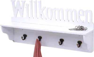 Produktbild von Wandgarderobe HWC-D41 Willkommen, Garderobe Regal, 4 Haken massiv 30x60x13cm  weiß