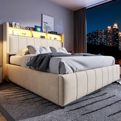Immagine prodotto di okwish Letto matrimoniale 160x200 (con materasso) letto imbottito con contenitore, illuminazione a LED, vano contenitore e presa USB, testiera con ripiani e vano contenitore, beige