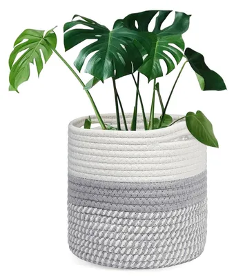 Produktbild von Pflanzkorb 20 cm mit Einsatz, gewebter Aufbewahrungskorb für Zimmerpflanzen, Weiß/Grau