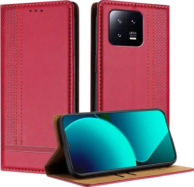 Produktbild von Handyhülle für Xiaomi 13 Leder Flip Klappbare Schutzhülle mit Standfunktion Rot