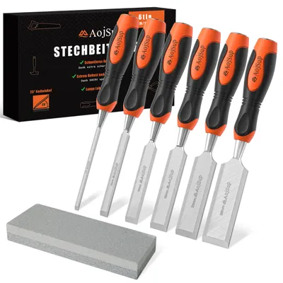 Image de Jeu de 6 outils de sculpture sur bois, comprenant une pierre à aiguiser et un embout de frappe