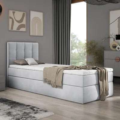 Productafbeelding van Boxspringbed 90x200 Adelle met bedopslagen, voorzien van een Bonell-matras en een topper H3. Compleet set, tweepersoonsbed, gestoffeerd bed in lichtgrijs velvet