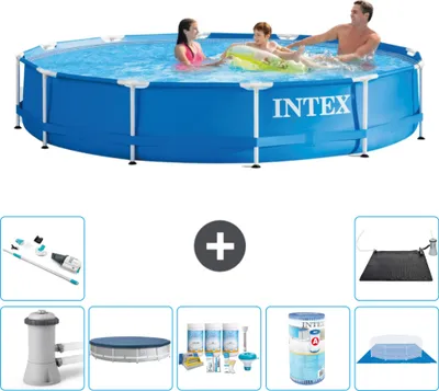 Produktbild von Intex Rundrahmen-Schwimmbecken – 366 x 76 cm – Blau – inklusive Pumpe Abdeckung - Wartungspaket - Filter - Bodenplane - Staubsauger - Solarmatte