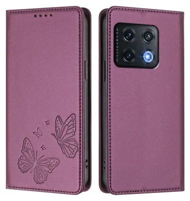 Produktbild von Lederhülle für OnePlus 10 Pro, Schmetterling Prägung Leder Brieftasche Schutzhülle mit Ständer Lila