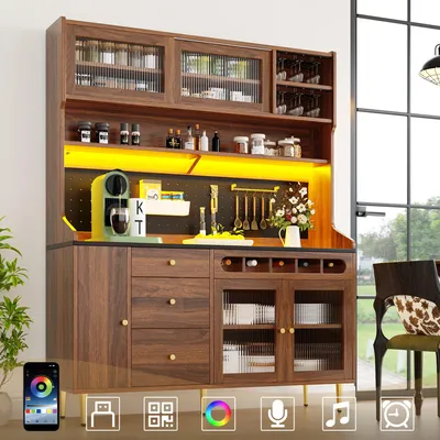 Produktbild von Flieks Küche Hochschrank mit Weinregal und Glashalter, Küchenbuffet Küchenschrank mit Led, Buffetständer Highboard mit Lochwandregalen, Naturbelassen