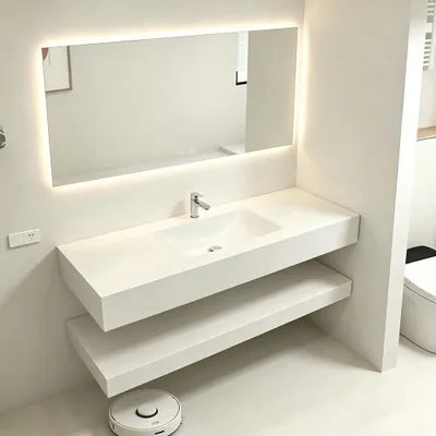 Immagine prodotto di Lavabo con specchio a LED in pietra sinterizzata con ripiano, beige, 130 x 55 cm 【RWCB303-130】