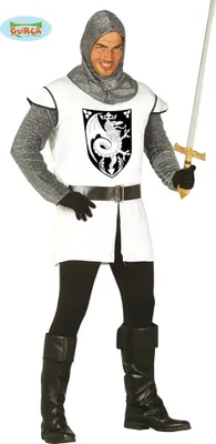 A man wearing a knight costume, holding a sword.