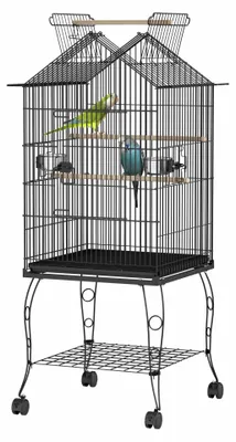 Productafbeelding van Vogelkooi met standaard en wielen, grote metalen vogelhuis, geschikt voor vinken, kanari's en parkieten, zwart, 55 x 55 x 145 cm