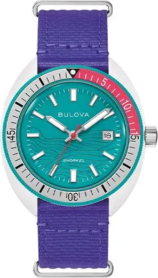 Produktbild von Bulova Snorkel Herrenuhr 41mm Gehäuse 10 bar wasserdicht weiß türkisblau violett