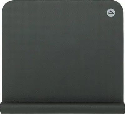 A dark gray yoga mat is shown rolled up at the bottom, with the rest of the mat spread out flat. A small white logo is visible in the top right corner.