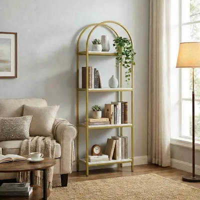 Immagine prodotto di Libreria in metallo e legno, con finitura dorata e bianca, dimensioni 60x30x183 cm, 4 ripiani