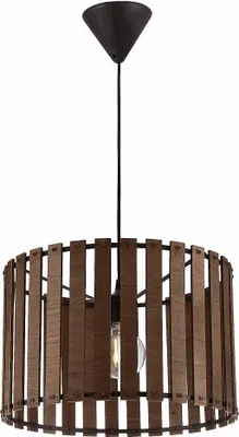 A pendant light with a wooden shade.