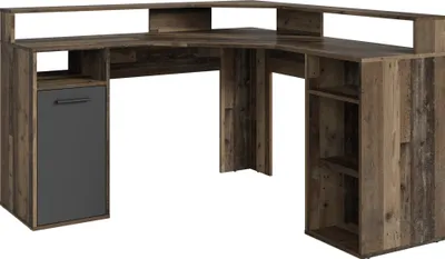 A corner desk with shelves and a cabinet.