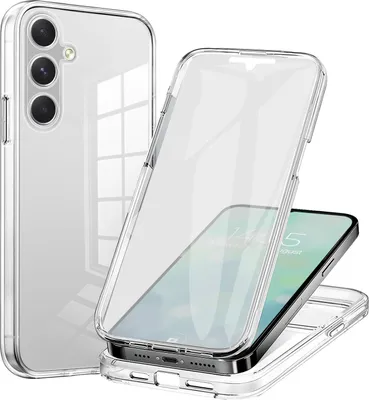 A transparent phone case is shown in two configurations: one enclosing a smartphone, and another showing the back of a smartphone with a case on it.
