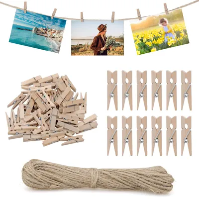 Produktbild von Holz-Wäscheklammern - 150 Stück - kleine Klammern (3,5 cm) mit 10 Metern Juteschnur