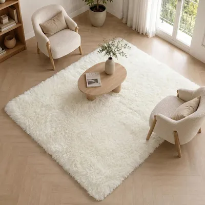 Produktbild von Hochflor Teppich 160 x 230 cm, weißes Kunstfell, für Schlafzimmer, flusenfrei