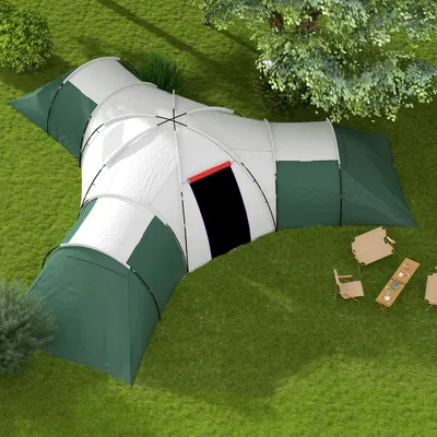 Produktbild von Campingzelt 6-9 Personen, Familienzelt 4 Räume mit Vorzelt, wasserdicht, Polyester | 615 x 615 x 225 cm | 18 kg | Grün