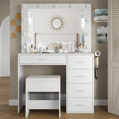 Immagine prodotto di Comò da trucco illuminato, 94 cm, con 11 luci LED, 3 modalità, 5 cassetti e poggiapiedi, colore bianco