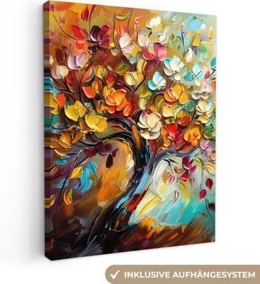 Produktbild von MuchoWow® - Leinwandbilder - Baum - Abstrakt - Bunt - Blumen, Wandbild, Wanddeko Bilder Wohnzimmer, 60x80 cm