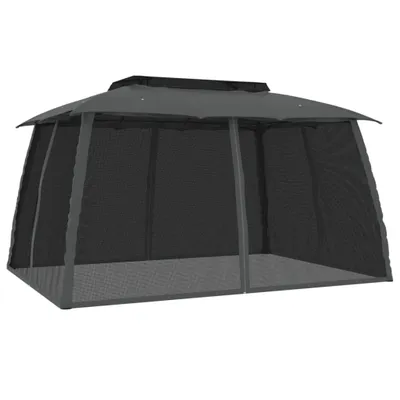 A dark grey gazebo with mesh sides is shown against a white background.