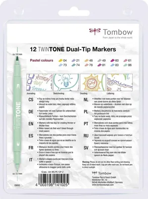 Produktbild von Tombow TwinTone Pastels, 12 Stück(e), Schwarz, Blau, Braun, Cyan, Grün, Orange, Pink, Rot, Violett, Gelb, Feine/ runde Spitze, Mehrfarbig, Rund, Sichtverpackung