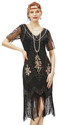 Produktbild von Abendkleid V-Ausschnitt - Flapper Kleid - Pailletten - Vintage Perlen - 1920 Stil - Glänzende Verarbeitung - Festkleid
