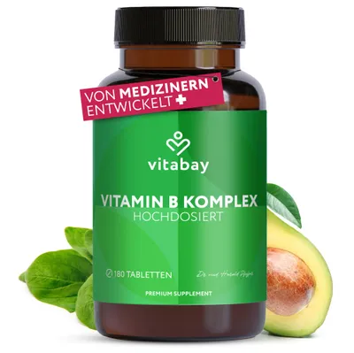 Produktbild von Vitabay Vitamin B Komplex hochdosiert - 180 Tabletten für 6 Monate - enthält alle 8 B-Vitamine (B1, B2, B3, B5, B6, B7, B9, B12)
