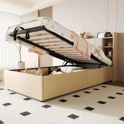 Produktbild von Holzbett 90x200 cm mit hydraulischem Bettkasten, gepolstertem Kopfteil, Ablagefächern und USB-C-Ladeanschlüssen, Einzelbett mit Stauraum, Jugendbett, Natur, ohne Matratze