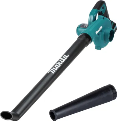 A cordless leaf blower and an accessory nozzle are shown against a white background.