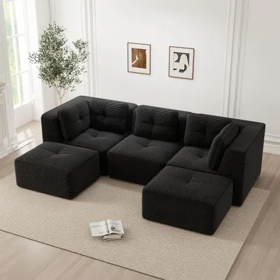 Immagine prodotto di Divano modulare nero, divano "Cord" a 3 posti con seduta profonda di 74 cm, divano angolare senza necessità di montaggio, materiali delicati sulla pelle e resistenti ai graffi, dimensioni 297x177x69 cm