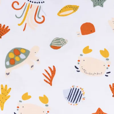 Produktbild von Jerseystoff Meterware OCEAN ANIMALS Krabbe Schildkröte weiß bunt 1,5m