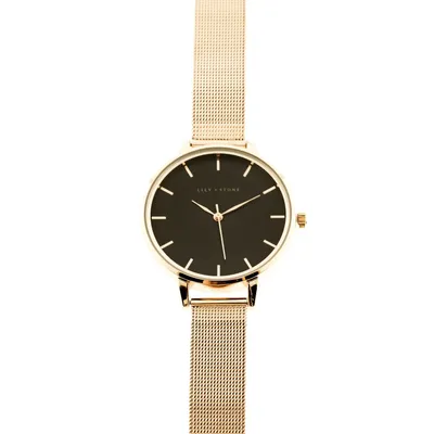 Produktbild von Lily + Stone Armbanduhr, schwarzes Zifferblatt, schwarze Schnalle, Armband Gold