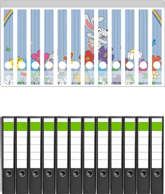 Produktbild von Wallario 12 Stück schmale Ordner inkl. Klebeetiketten mit Motive Süße Hasen unter einem Regenbogen -  Set mit Rückenschildern / Ordnerrücken Stickern