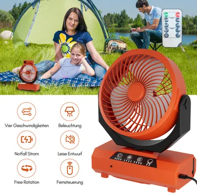 Obrázek produktu pro TolleTour Přenosný, dobíjecí ventilátor - 20000mAh kempinkový ventilátor se světlem a hákem, vhodný do stanu, do přírody - ventilátor napájený z USB baterie, vhodný na pikniky, grilování, rybaření,Oranžový