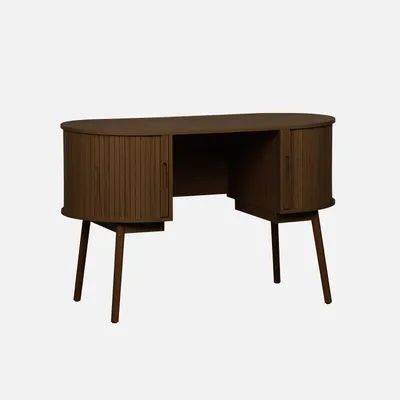 A wooden desk with curved sides and two storage compartments.