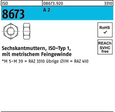 Produktbild von Reyher  Sechskantmuttern ISO 8673 A 2 M 24 x 2 A 2 (10 Stück)