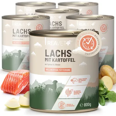 Produktbild von REAVET Hundenassfutter - Lachs mit Kartoffeln an Spinat & Birne 6 x 800g | mit hohem Fleischanteil & viel Muskelfleisch, Getreidefrei, Ohne Zucker