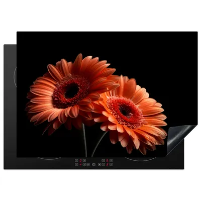 Produktbild von KitchenYeah© Herdabdeckplatte Blumen - Botanisch - Gerbera - Orange - Schwarz , 75x52cm, Küche Deko, Glaskeramikkochfeld Herdabdeckung, Abdeckplatte fùr Kochfeld