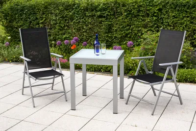 Produktbild von Merxx Gartenmöbelset "Amalfi" 3tlg. mit Balkonausziehtisch 65/130 x 65 cm - Aluminiumgestell Silber mit Textilbespannung Schwarz